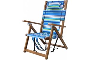 Melino Wooden Folding Outdoor Chair – 3-Position Reclining Beach Sling w/ Pillow, Zipper Pouch, Carry Strap – Acacia Wood Frame for Patio, Lawn, Garden, Pool 225 lbs Support - Portable Lounge, Stripe