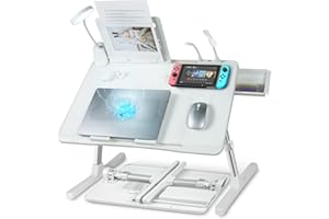 iXTRA Laptop Lap Desk with Cooling Fan - Adjustable with Light, USB, Storage Drawer - Folding Bed Desk,23.62"*15.74",White