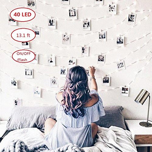 LED Photo Clip String Lights - 40 Photo Clip Perfect for Portable Hanging Photos Paintings Pictures Card and Memos Wedding Party Christmas Home Indoor/Outdoor Decor (Warm White Flash 40)