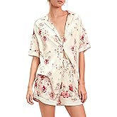 Yimoon Womens Satin Pajama Set Floral Silk Pajamas 2 Piece Short Sleeve Button Down Pjs Set Cuter Sleepwear