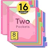 Taja 16 Count Dividers for 3 Ring Binder with Two Pockets, 8 Tabs Set | Plastic Binder Index Dividers, Perfect for Office &amp; School Organization Supplies, Bright Colors, 2 Set