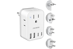 PAEWOK International Travel Adapter Set, US to UK/EU/South Africa/India Universal Power Adapter- 4 AC Outlets 4 USB Ports (2 USB C), Travel Plug Adapter Kit Include Type G/C/M/D Detachable Plug