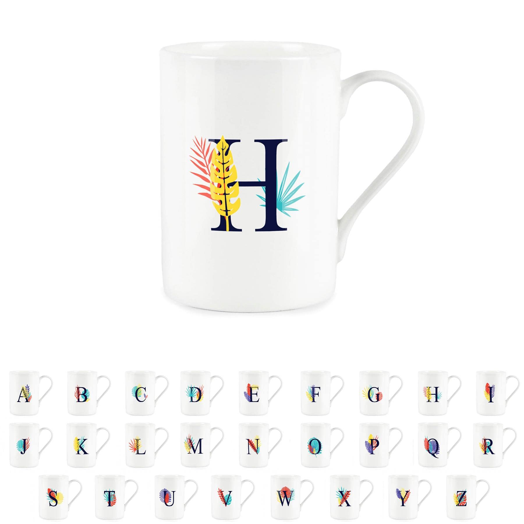 Purely Home Tropical Leaves Letter H Mug - Palm Leaf Botanical - Initials Personalised Bone China White Alphabet Mug Coffee/Tea Gift