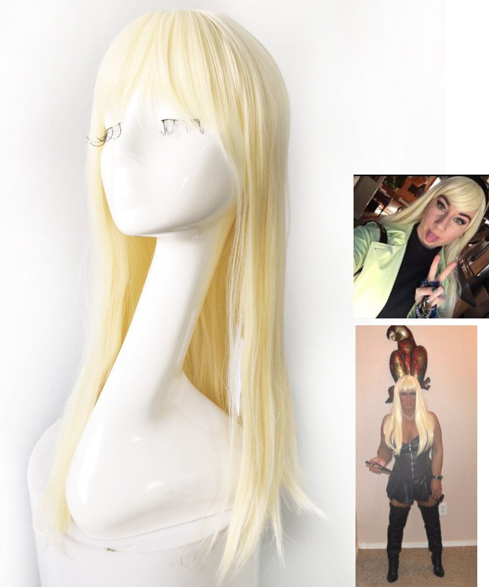 Namecute Bleach Blonde Wig 24 Inch Long Straight Wigs Bangs Full Cap Synthetic Natural Hair for Women , Free Wig Cap