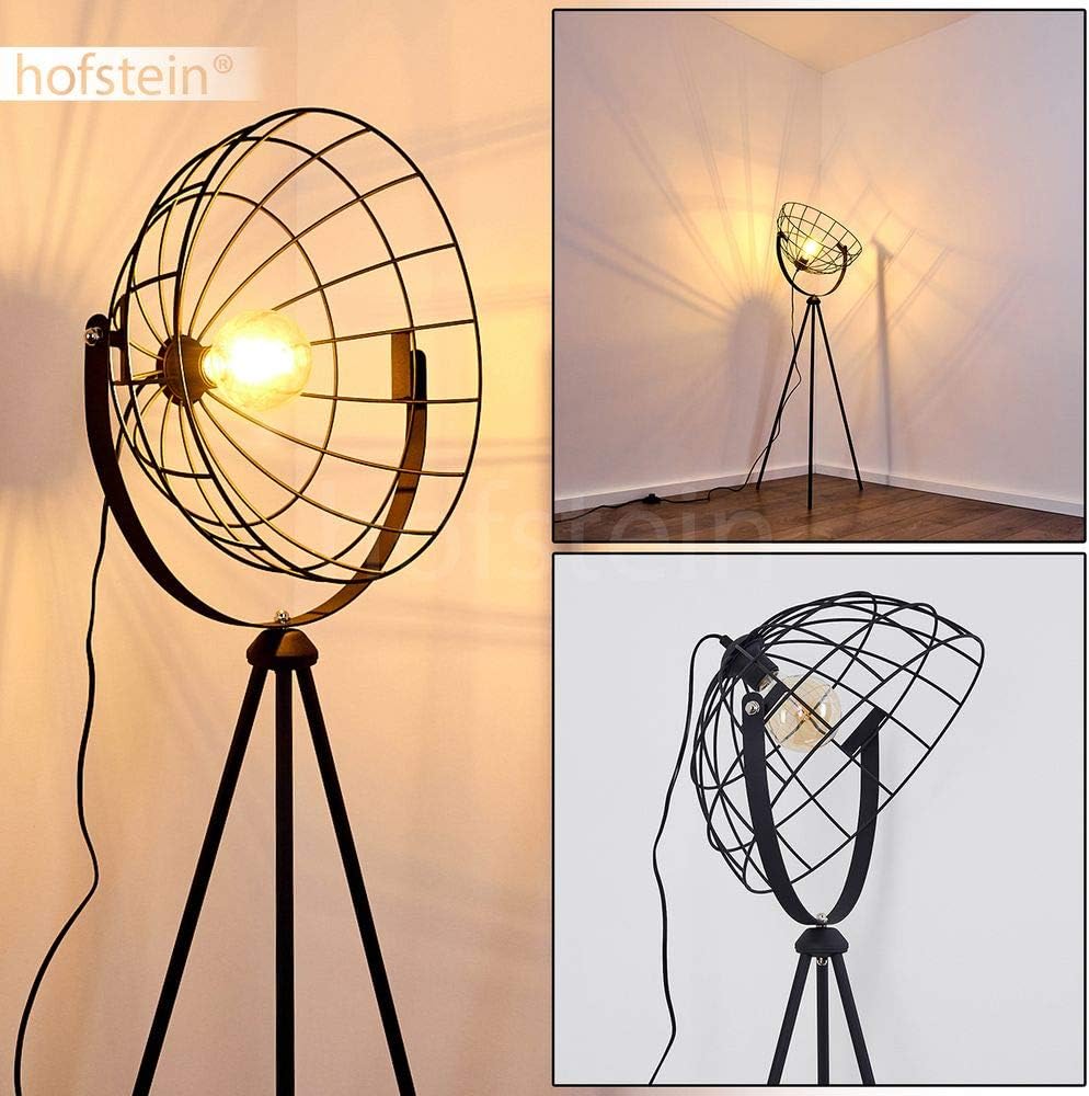Floor lamp Flambeau in Black Metal, Retro Light Fitting in a Vintage Living Room with Foot Switch & Meshed Shade Creating Light Patterns on The Wall, for 1 x E27 max 60 Watt Light Bulb, LED Suitable