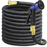 SHINE HAI Garden Hose 50' Expanding Water Hose with All Brass Connectors. 8 Pattern Spray Nozzle and High Pressure, Kink-Free, 5,000 Denier Woven Casing
