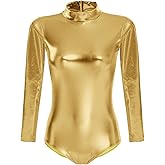 ODIZLI Women Shiny Metallic Long Sleeve Leotard Mock Turtleneck One Piece Bodysuit for Gymnastics Ballet Dance