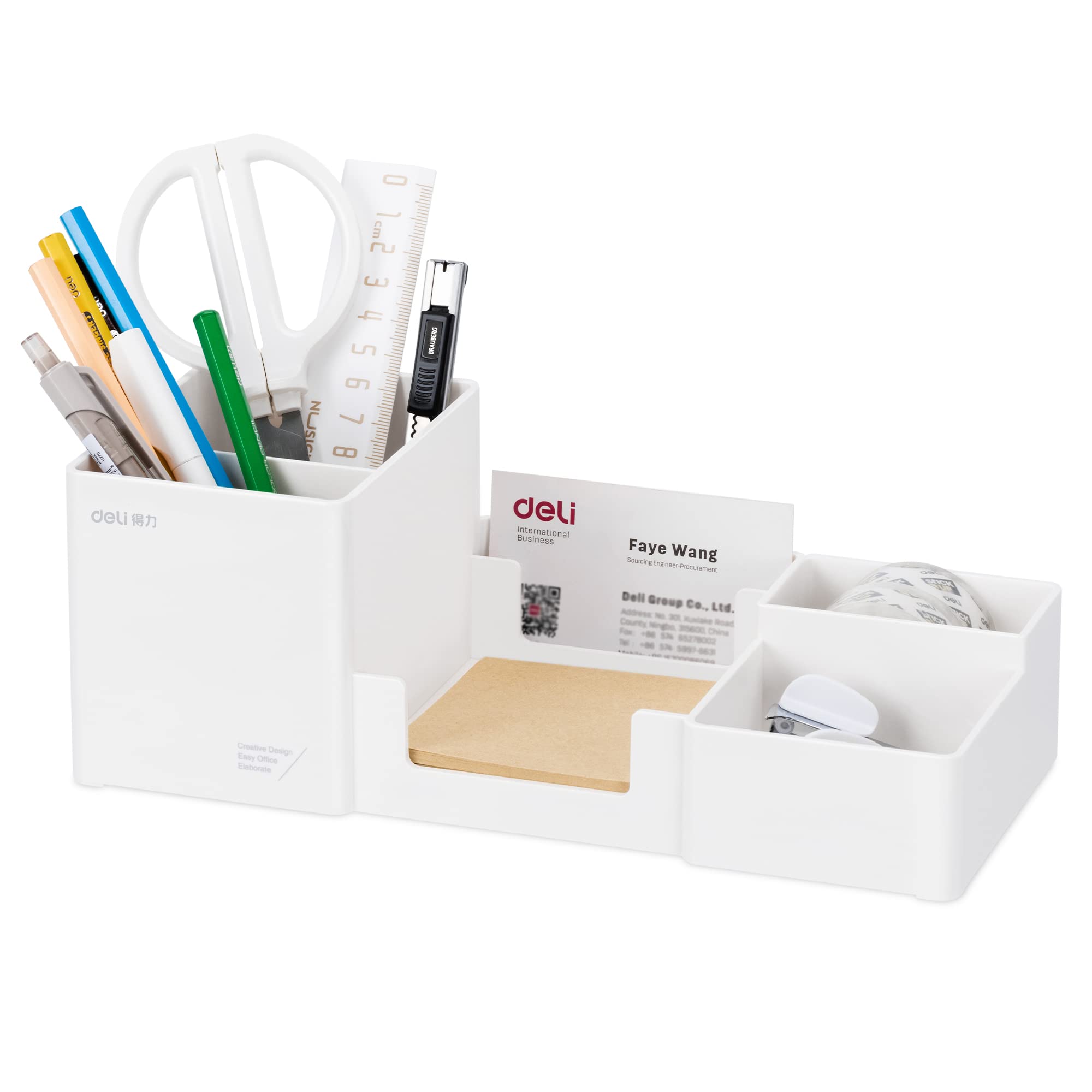Photo 1 of deli Desk Organizer, Plastic Desktop Organizer with Pencil Holder and Sticky Note Tray, Office Stationery Supplies Organizers Accessories Caddy, 6 Compartments, White