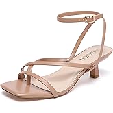 SHMCH Kitten Heels for Women Low Strappy Lace Up Heels Square Toe Thong Ankle Strap Heels Fashion Comfort Dress Shoes