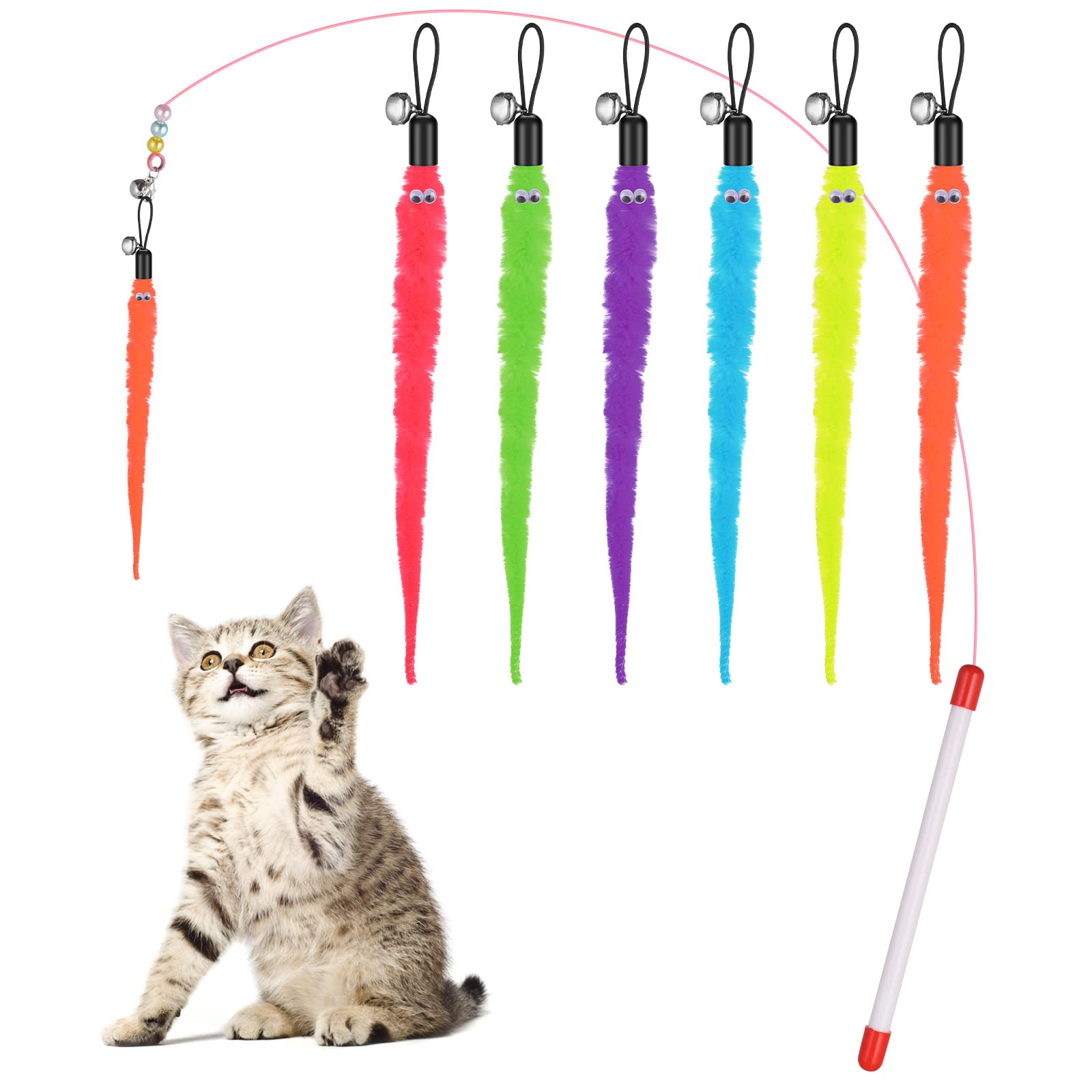Cobee Cat Toys Wand Replacement, 6pcs Furry Tail Worms with Bells + Cat Fishing Pole Toy, Assorted Teaser Refills with Bell for Kitten — image 1