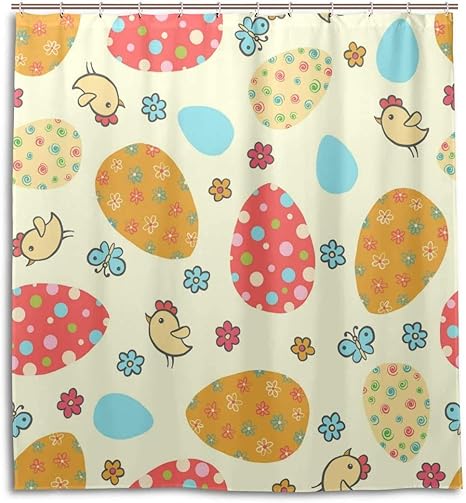 Amazon 12フック付きシャワーカーテン かわいいカラフルな卵春の花のひよこ防水ポリエステルバスルームシャワーカーテンセット66x72インチ シャワーカーテン ホーム キッチン オンライン通販