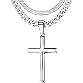 925 Sterling Silver Cross Necklace for Men - Waterproof Layered Sterling Silver Cross Pendant Necklaces Stainless Steel Cuban Link Herringbone Cross Chain Necklace Set Jewelry Gifts 16-30 Inches