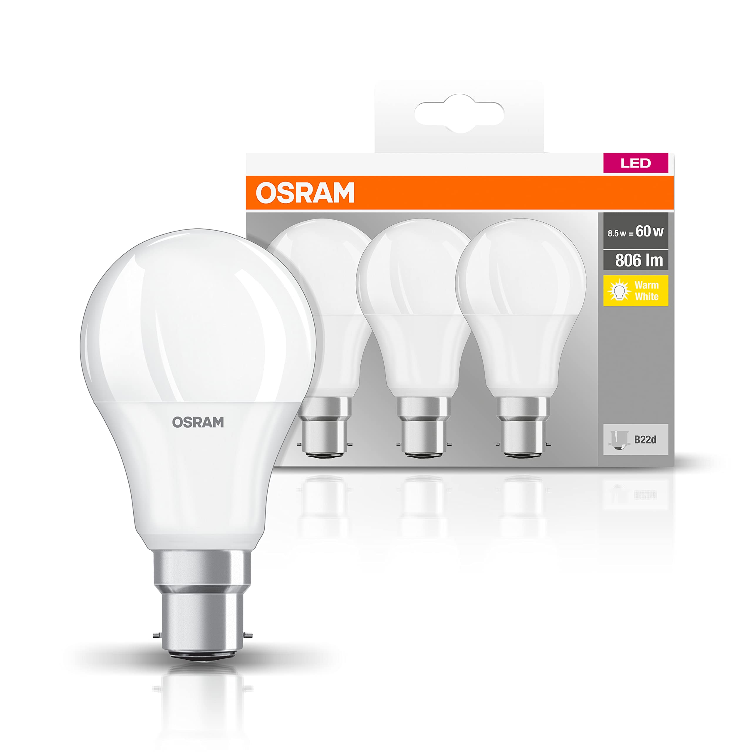 OSRAM LED Base Classic A/LED lamp, Classic Bulb Shape, with Bayonet Base: B22d, 9.50 W, 220…240 V, 60 W Replacement, Frosted, 2700 K, 3pack