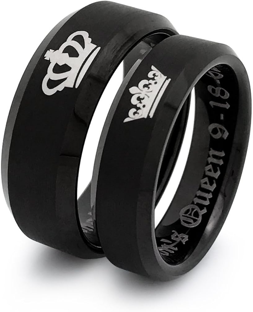 Kriskate & Co. King and Queen Rings, Personalized His & Hers Tungsten Ring, Couples Ring Set TCR411