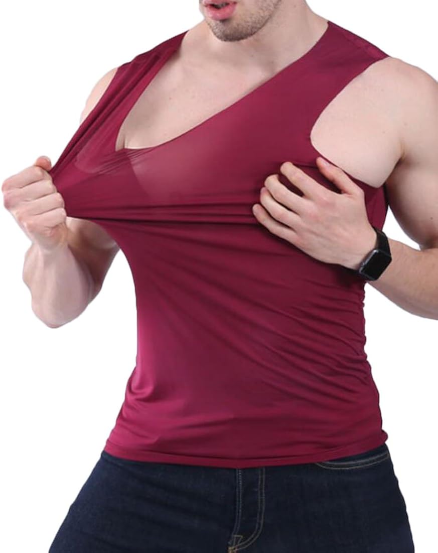 MU2M Men Sleeveless VNeck TShirt Solid Color Stretch Tank Tops Navy