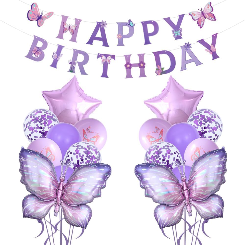 Photo 1 of 18Pcs Purple Butterfly Balloons and Happy Birthday Banners for Purple Butterfly Birthday Decorations