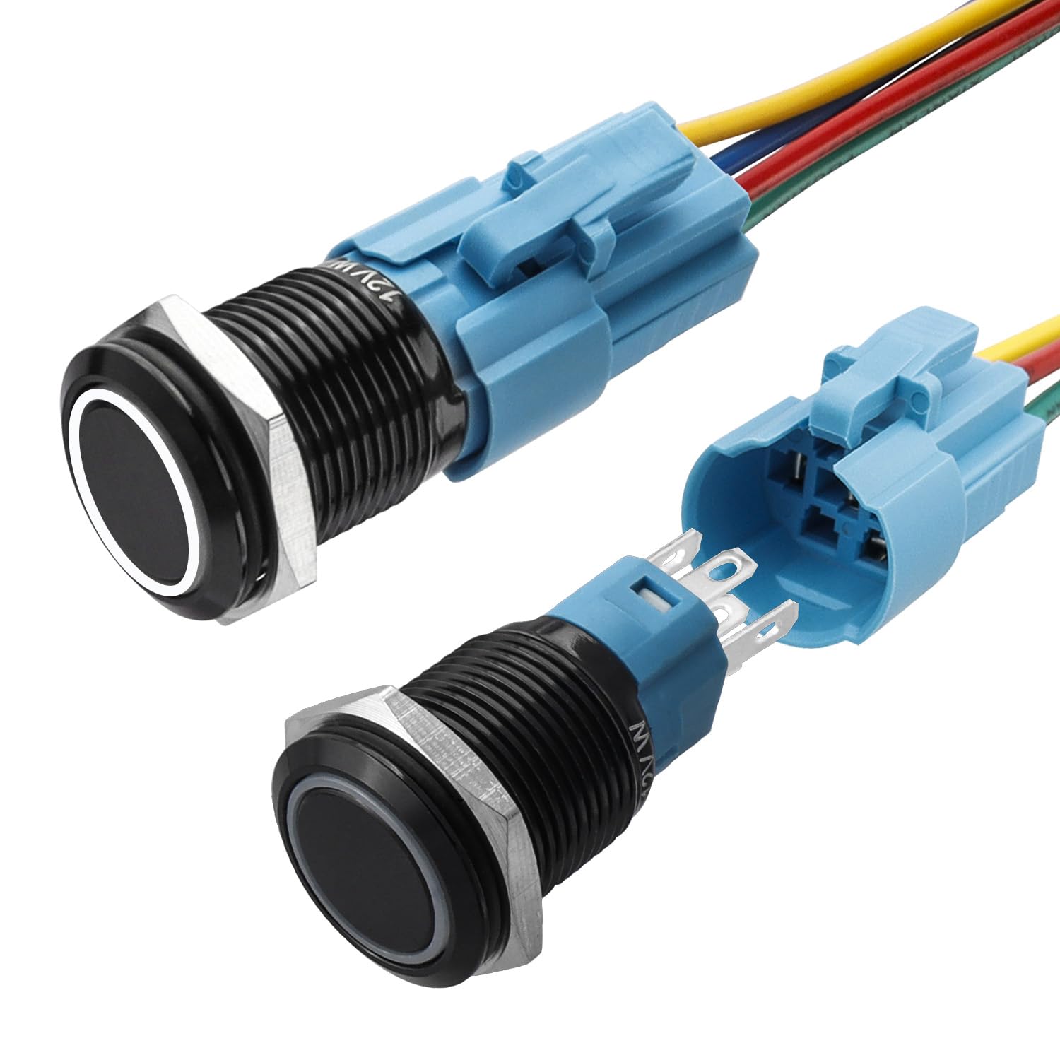 Bestgle 16mm Momentary LED Push Button Switch, IP65 Waterproof 1NO 1NC 5 Pin ON OFF Switch Start Button with Wired Socket Plug for 5/8" Mounting Hole (White LED Ring)