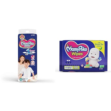 MamyPoko Pants Extra Absorb Diapers, XXL (Pack of 22) & MamyPoko Wipes with Green Tea Essence - Pack of 100 * 2 Wipes with Fragrance (100 * 2 = 200 Wipes)