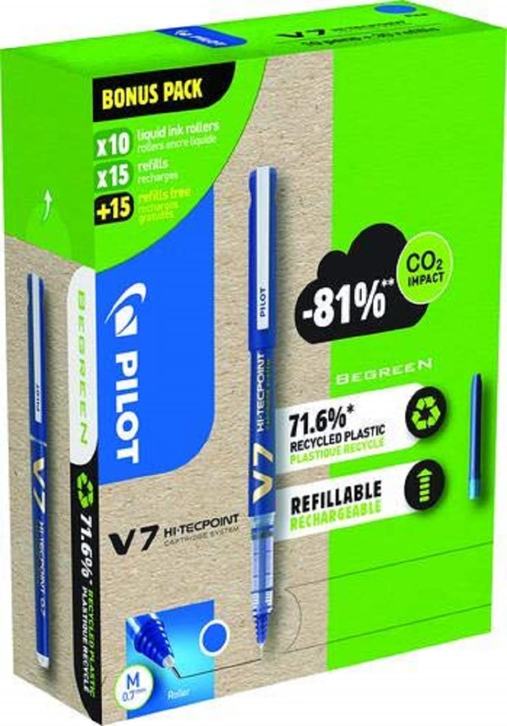 Pilot Greenpack V7 Eco, 0.7mm, Blue, 10 Pens and 30 Refills