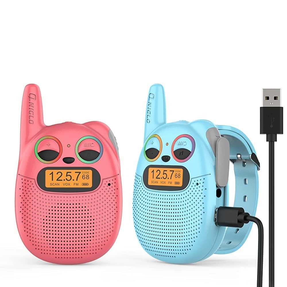 QNIGLO Walkie Talkies for Kids, Rechargeable Walkie Talkie for Adults Long Range - 24 Hours Working Time VOX Function LED Flashing Eyes Portable Watch Strap, Gift for Boys Girls Camping Garden Riding