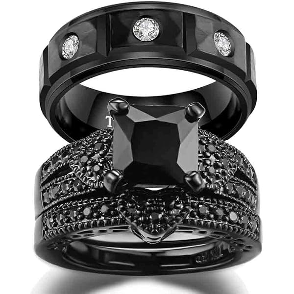 His And Hers Wedding Ring Set - Black Gold Filled & Titanium Band With CZ