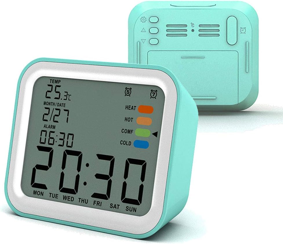 LAOPAO Alarm Clock, Digital Alarm Clock 3 Alarms Optional Weekday Mode Snooze Clock Non Ticking Desk Alarm Clock with Temperature Range Indication Teal Gift for Kids