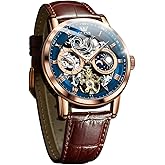 OLEVS Men Skeleton Watch Automatic Winding Moon Phase Dress Luxury Leather Strap Waterproof Luminous Men Wrist Watch