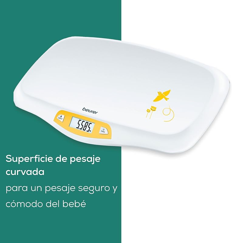 BY 80 Báscula para bebés, con superficie curvada y segura, capacidad de 20 kg, función de tara y retención para bebés que patalean, medición y visualización en pasos de 5 g