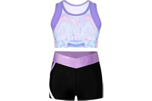 Moggemol Kids Girls Tie Dye 2 Pcs Ballet/Dance/Gymnastics/Sports Cutout Back Crop Top with Booty Shorts