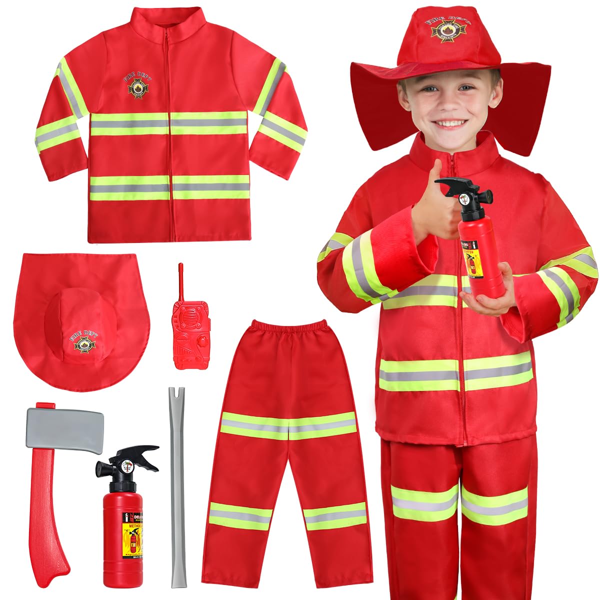 LOYO Kids Role Play Halloween Costumes, Red Fireman Costume with Firefighter Outfit Toys Accessories for 3 to 6 Year Old Children — image 1