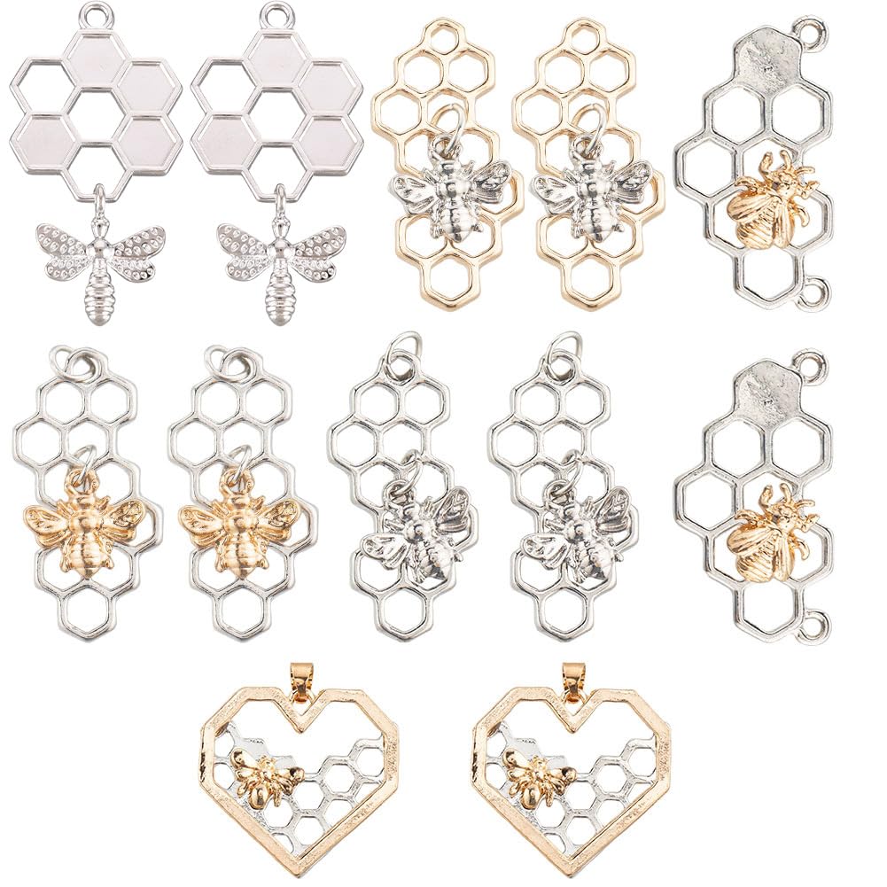 SUNNYCLUE 12pcs 6 Styles 3D Honeycomb Bee Charms Insect Honey Bee Earring Pendants Jewellery Making Links Connectors Findings for DIY Necklace Bracelet Keychain Making Crafts, Platinum & Golden
