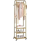 Kaitiemoo Heavy Duty Clothing Rack with Wheels,Modern Garment Rack with 3 Metal Shelves, 71.8Inches Display Rack for Hanging Clothes, Hanging Rod for Small Space,Gold