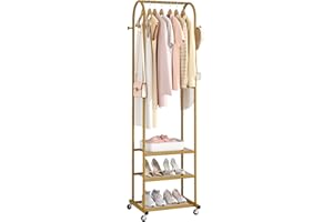 Kaitiemoo Heavy Duty Clothing Rack with Wheels,Modern Garment Rack with 3 Metal Shelves, 71.8Inches Display Rack for Hanging Clothes, Hanging Rod for Small Space,Gold