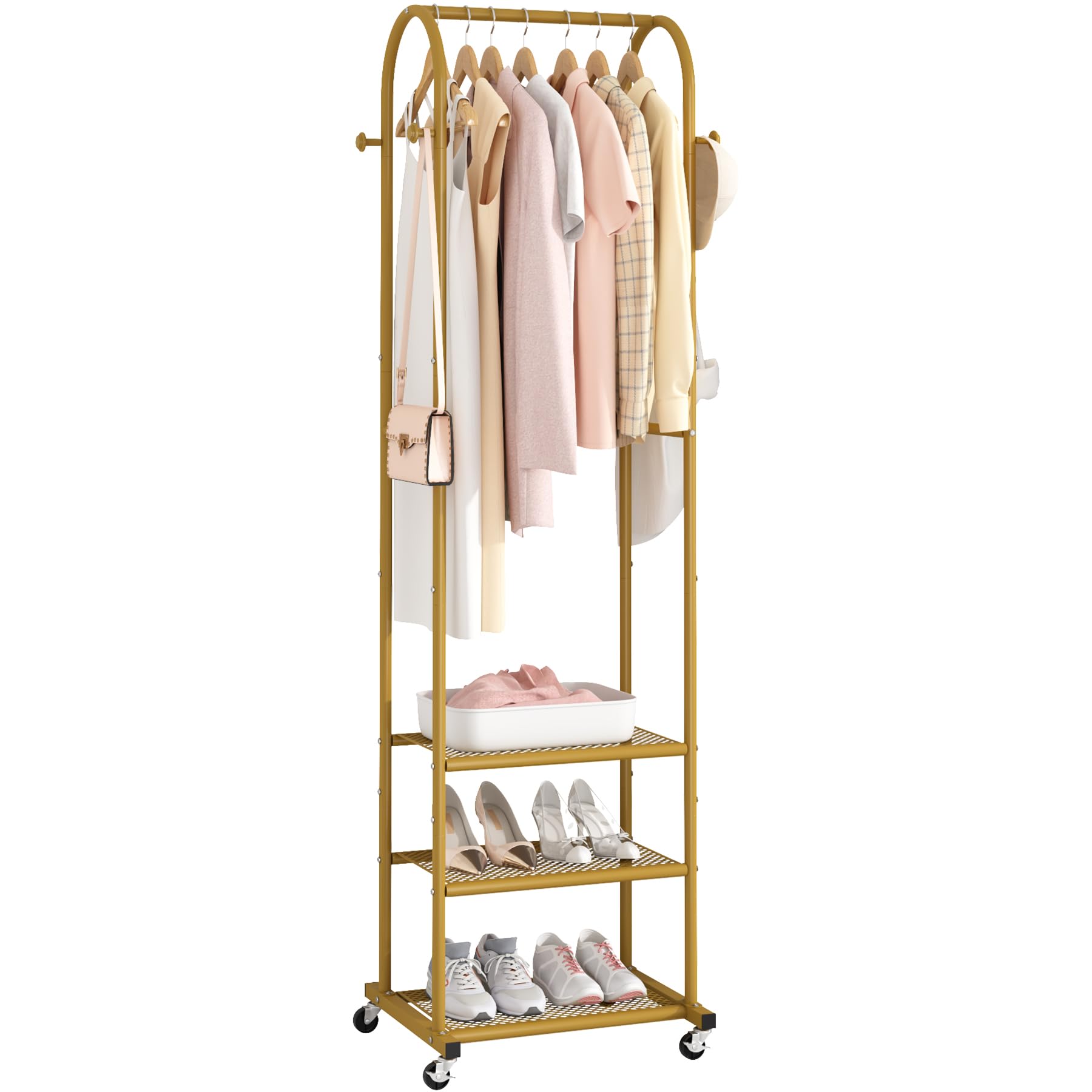 Photo 1 of Kaitiemoo Heavy Duty Clothing Rack with Wheels,Modern Garment Rack with 3 Metal Shelves, 71.8Inches Display Rack for Hanging Clothes, Hanging Rod for Small Space,Gold