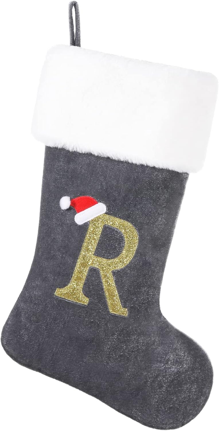 Stockings & Holders - SIRIPHUM 20 Inches Monogram Christmas Stocking Deluxe Grey Velvet Body with Super Soft Plush Cuff Embroidered Letter(R)