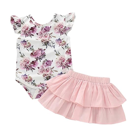 LEXUPE Baby Kleidung Mädchen, Neugeborene Kleinkind SäUgling Floral Print Romper RüSchen Rock Outfits Set