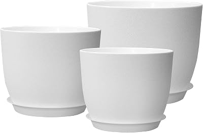 PROFIKLA Plastic Plant Pots Set 20cm 18cm 16cm with Drainage Holes Saucers White
