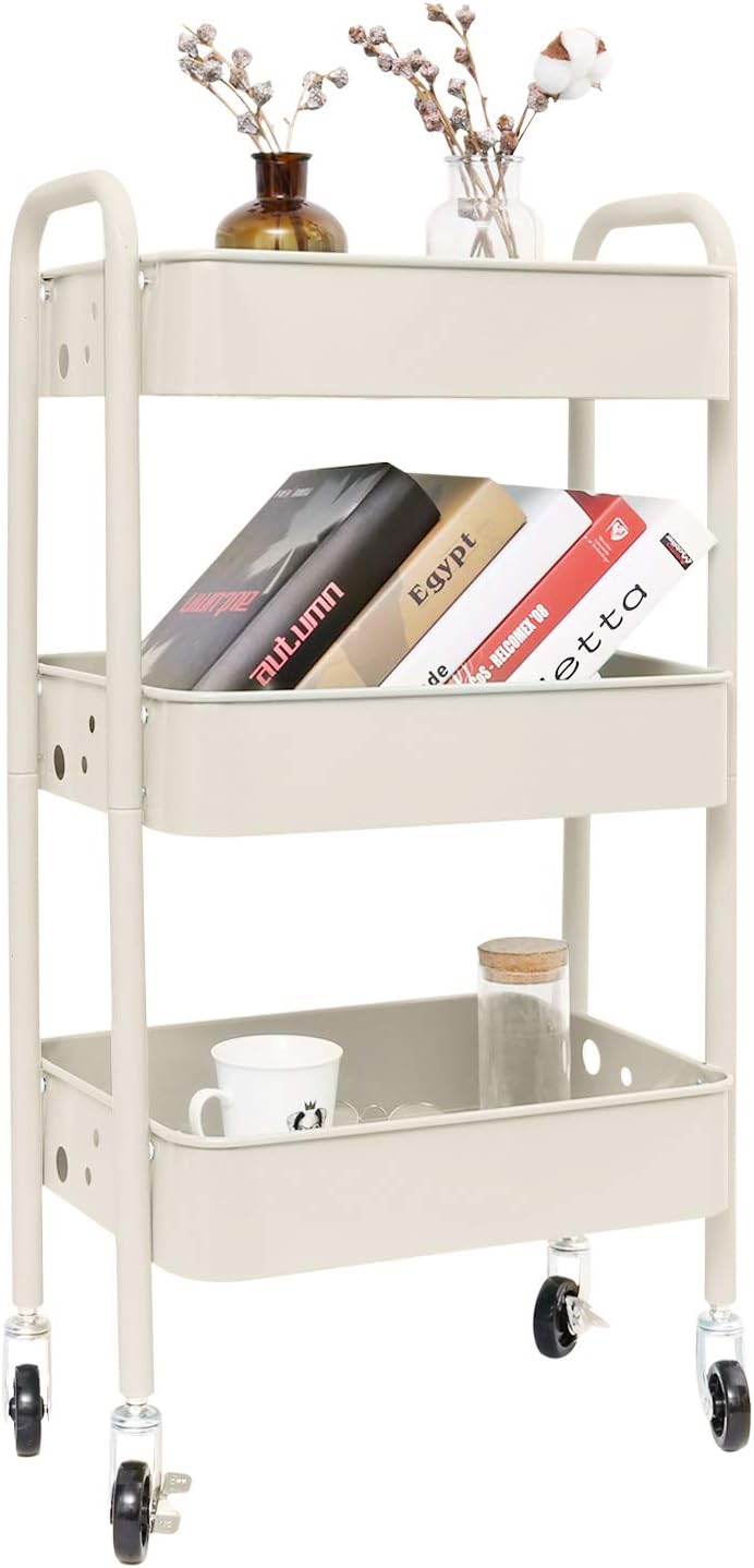 3-Tier Metal Rolling Utility Cart, Heavy Duty Storage Organizer Art Cart Craft Cart, Beige