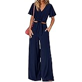 PRETTYGARDEN Women 2 Piece Summer Outfits Short Sleeve Strappy Top Wide Leg Pants Tracksuit Lounge Sets Beach Clothes
