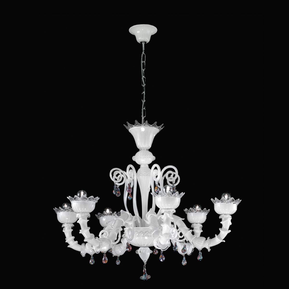 Murano Collection Murano Glass Chandelier Pesaro in Chrome White Multicolor Handmade in Italy Luster Classic White Multicolor Lamp E14
