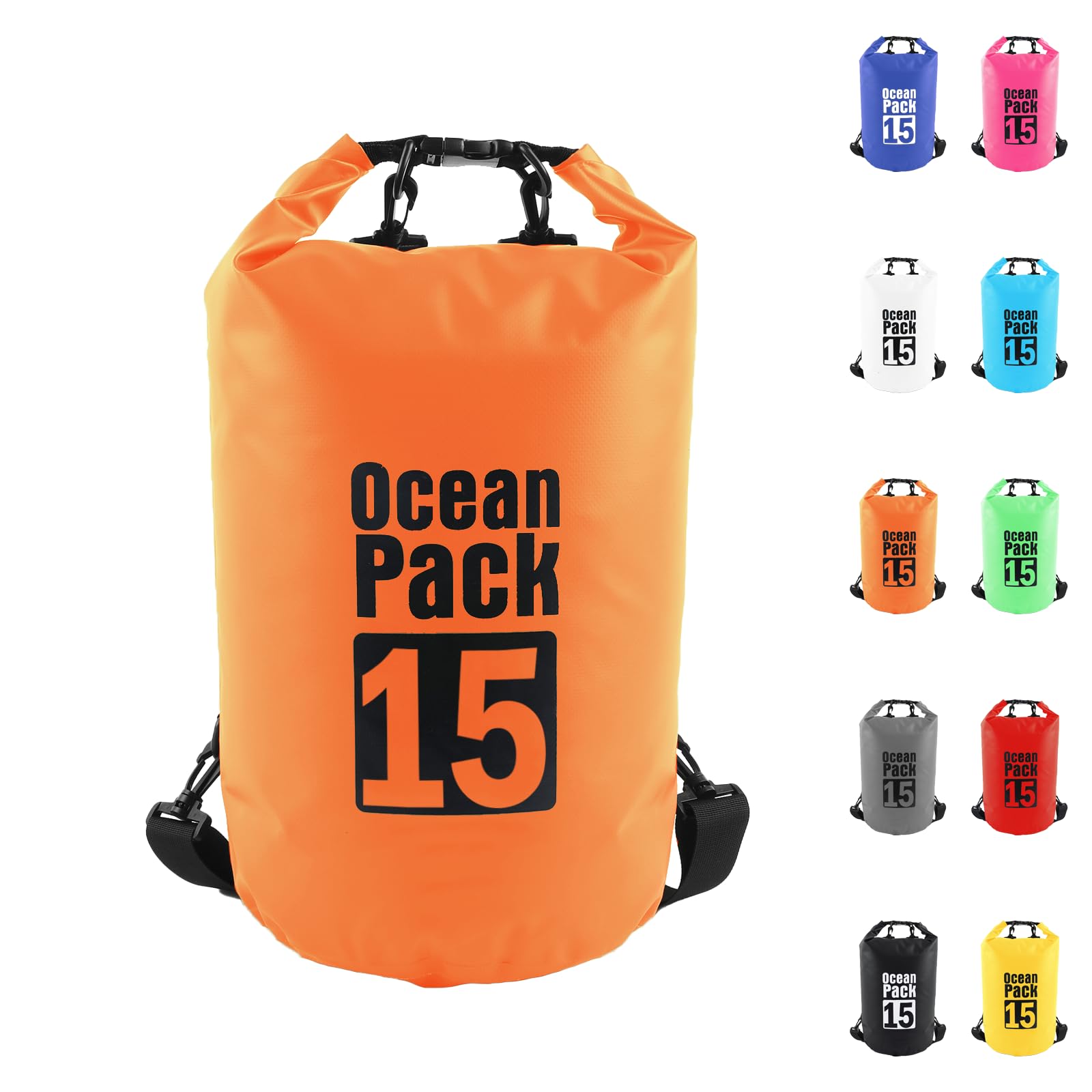 Dry Bag 15L, Boat Dry Bags Orange Waterproof Bag Dry Sack Roll Top Long Adjustable Shoulder Strap 2L/5L/10L/20L/30L/40L for Drifting Boating Kayaking Fishing Rafting Swimming Camping Canoeing Surfing