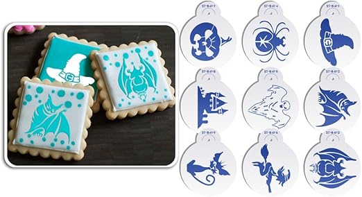 Amazon Com Art Kitchenware 9pcs Halloween Cookie Stencils Set Cupcake Decoration Stencil Template Baking Mold Laser Cut Template St 841s Kitchen Dining