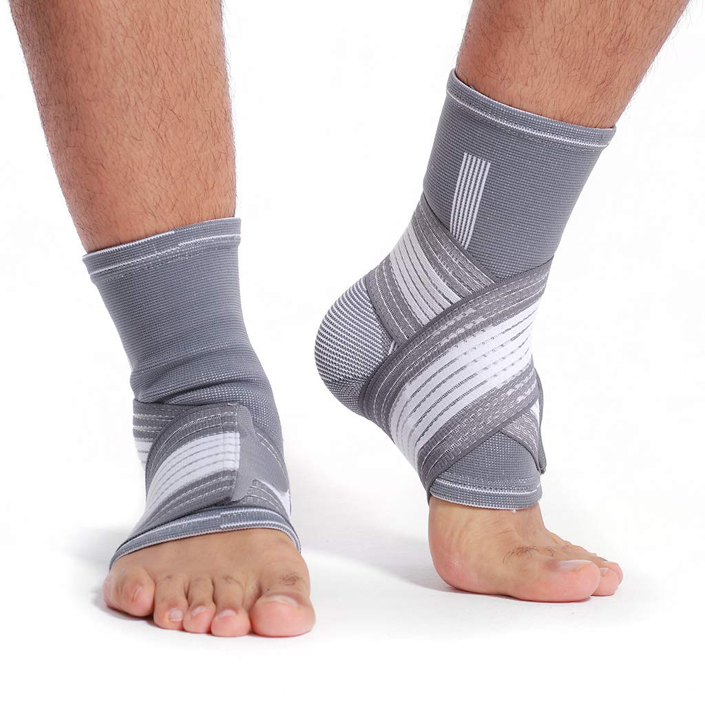 Neotech Care Ankle Brace Support - Elastic & Breathable Fabric - Adjustable Compression Strap - For Men, Women, Youth - Left or Right Foot (Grey Colour, Size M, 1 Pair)