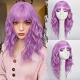 UNNYMGER Lavender Pink Wig with Bangs Short Wavy Wigs for Women Curly Bob Style Wear and Go Natural Synthetic Wigs for Cosplay Daily Party Use 16IN