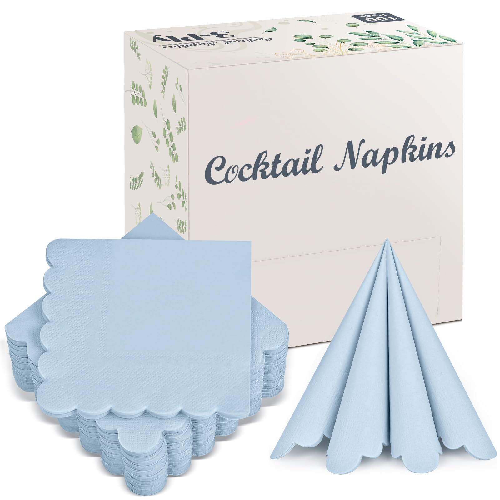 Photo 1 of 100 Pack Cocktail Napkins, 3-Ply Scalloped Edged Wedding Napkins Folded 5 x 5 Inches Dessert Napkins, Disposable Napkins for Dinner Birthday Party Bridal Anniversary Baby Shower Reception (Light Blue)