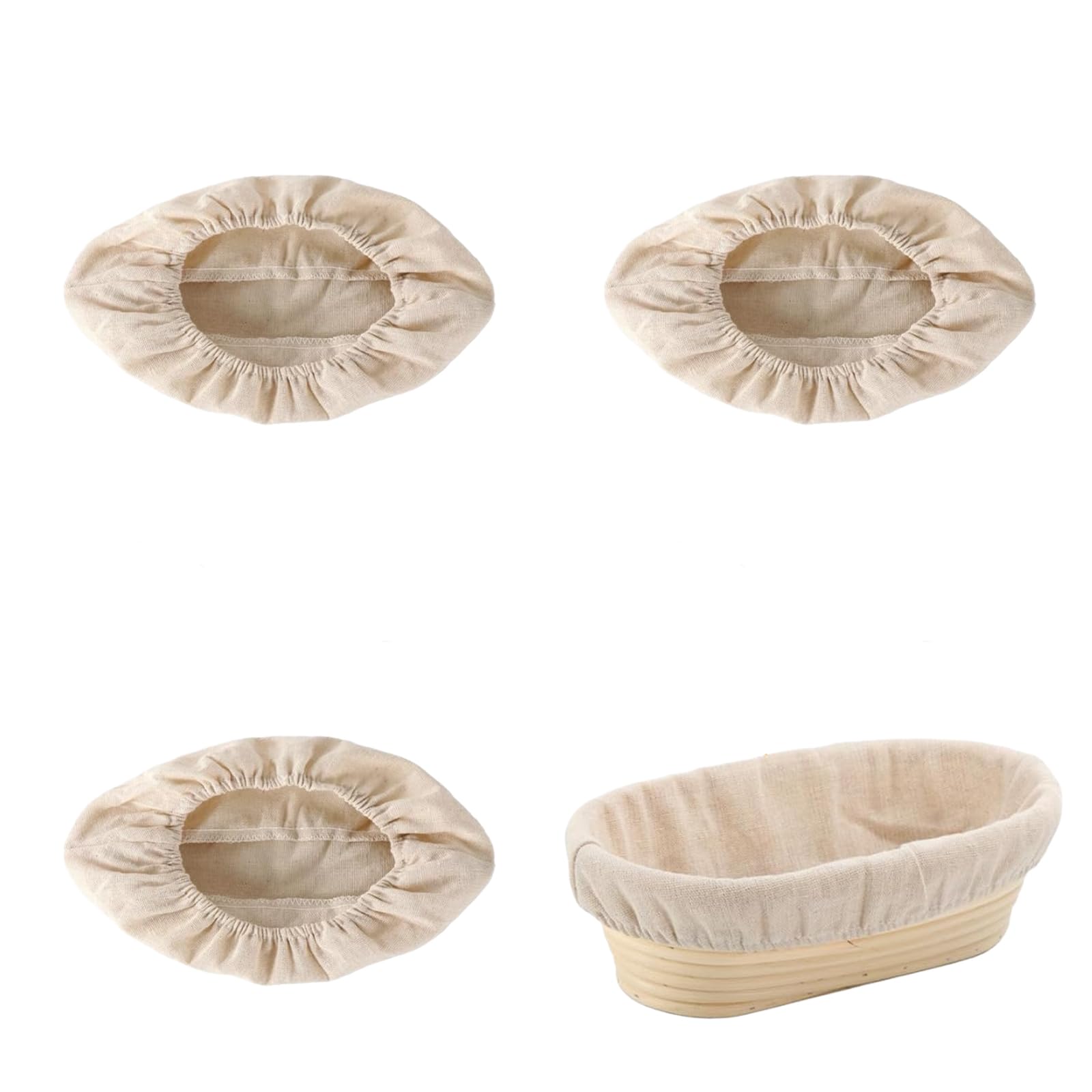 Quixotical 3 Pcs Bread Proofing Basket Cover, Oval 10 Inch, Beige Cotton Linen Liner with Elastic Waistband for Baking
