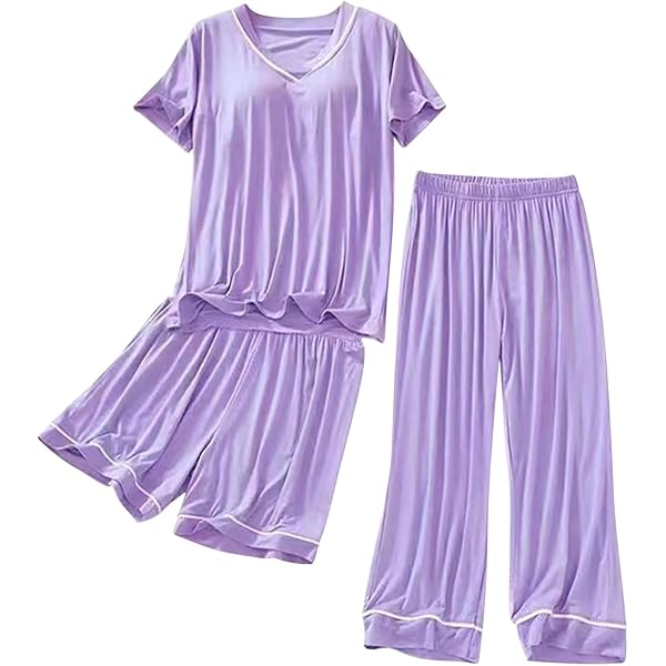 GYS Women's Bamboo Pajama Set - Short Sleeve Scoop Neck PJs With Satin Trim, Taro Purple - View #8