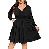 Manllenshie Women's Plus Size Casual Work Dress Long Sleeve V Neck Flowy with 2 Pockets Boho Tiered Ruffle Hem Dresses
