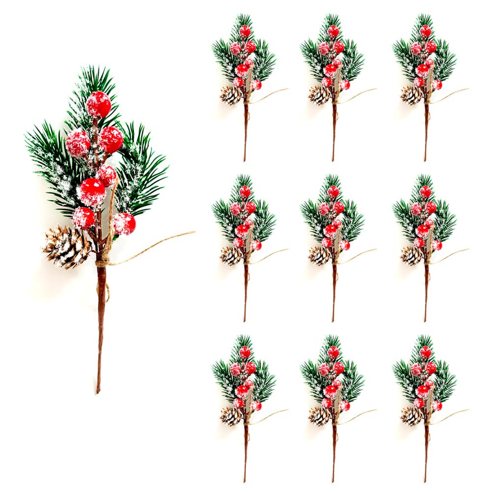 RXXR 10 Pcs Christmas Berries Red Stems Evergreen Pine Branches Christmas Artificial Pine Cones Holly Stem Craft Ornaments Snowflakes Pine Picks