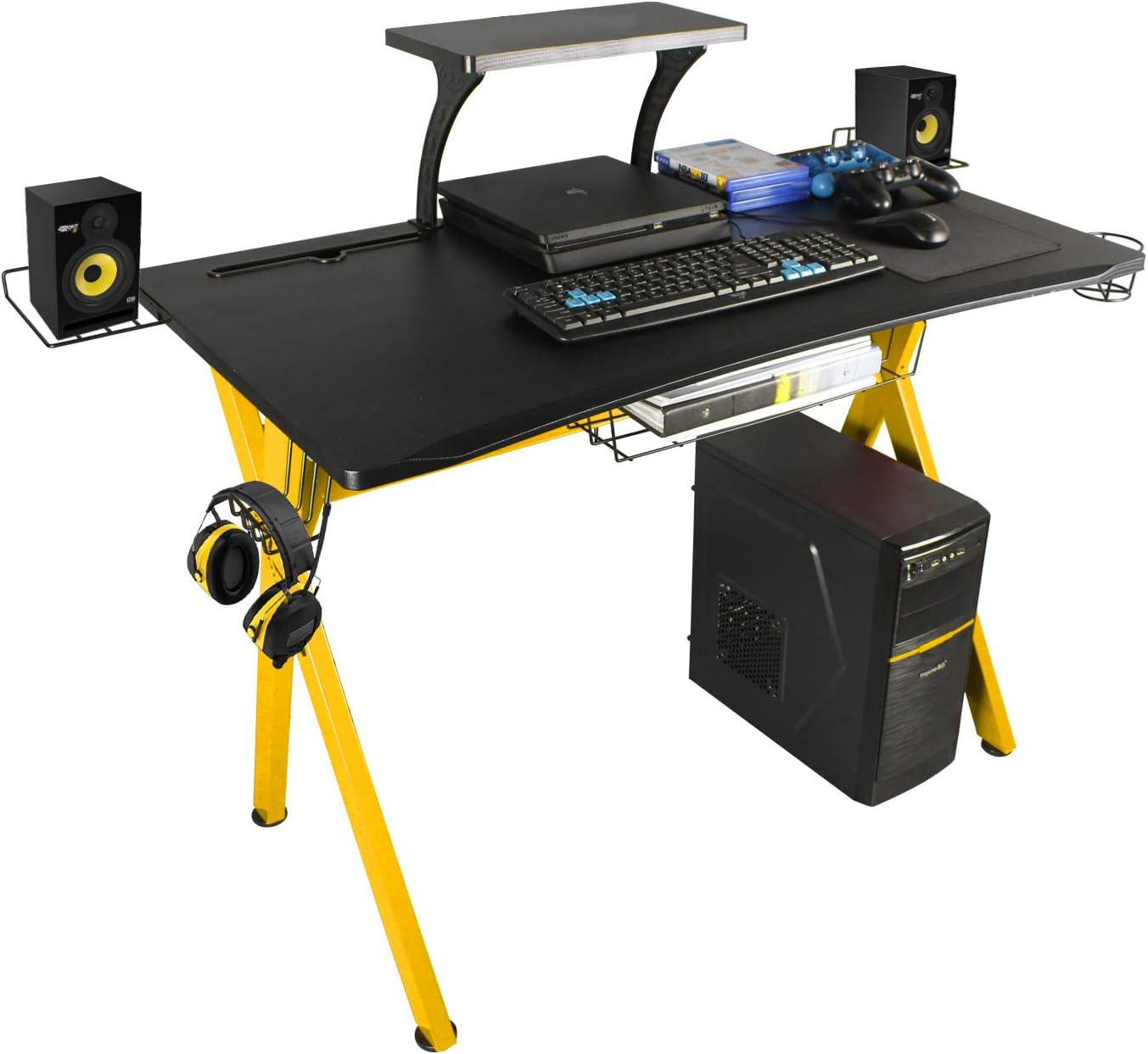 LAZZO Stylish 41.7" Multifunction Gaming Desk Music Workstation With Removable Display Support Plate, Cup Holder and Headphone Hook,Storage Basket For Home Office Bedroom,Yellow Black Design(41"Wx23.5